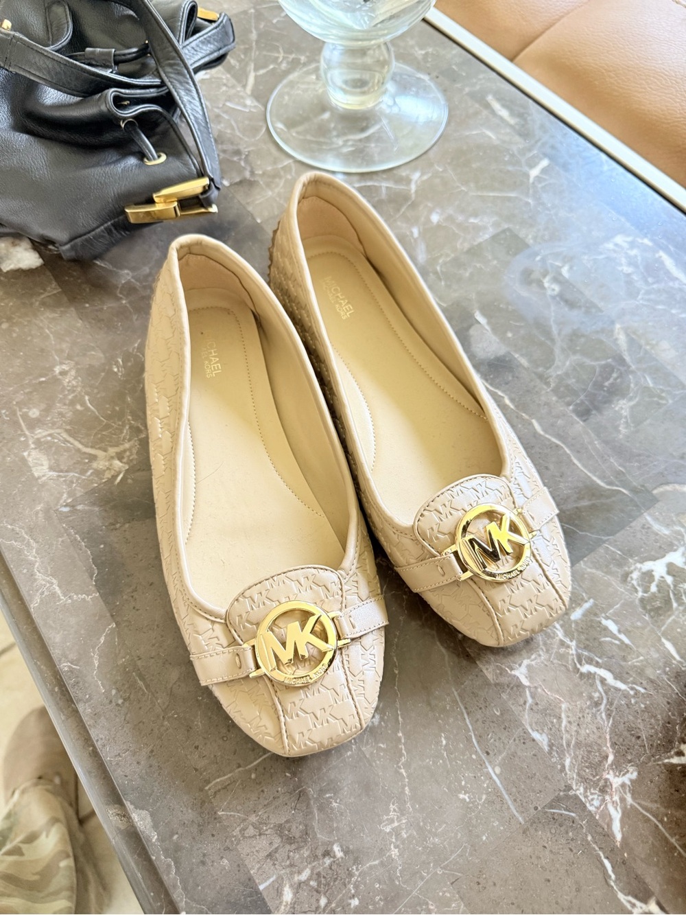 Michael Kors Women's Beige MK Logo Leather Ballet Flats